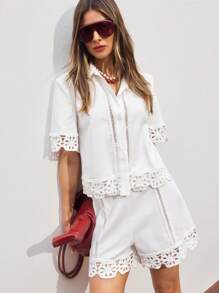 ATUI Studio 女式休闲纯色钩针拼布衬衫，夏季 - 白色 - 查看 2