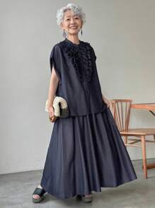 FRIFUL 女式多层荷叶边衬衫和松紧腰喇叭牛仔裙两件套 - 黑色 - 查看 4