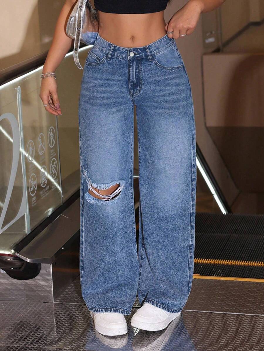 SHEIN EZwear 大码女式做旧个性化时尚直筒牛仔裤 - 藍色 - 查看 1