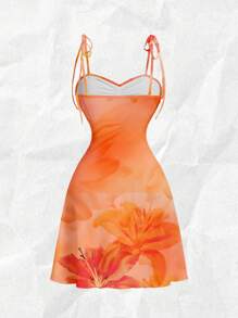 SHEIN MOD 女士休闲优雅系带肩前褶皱收腰 A 字形紧身短裙，适合夏季，夏威夷/芙蓉花印花，橙色 - 彩色 - 查看 2