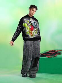 MADBALLS X SHEIN Men's Letter & Cartoon Graphic Casual Hoodie - Black - View 5