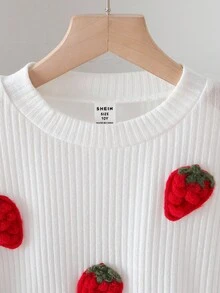 Sparklyn 秋冬甜美柔软针织草莓时尚套头衫和百褶裙两件套 - 紅白色 - 查看 3