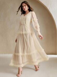 Anewsta Robe maxi élégante à col V avec appliqué pour femmes