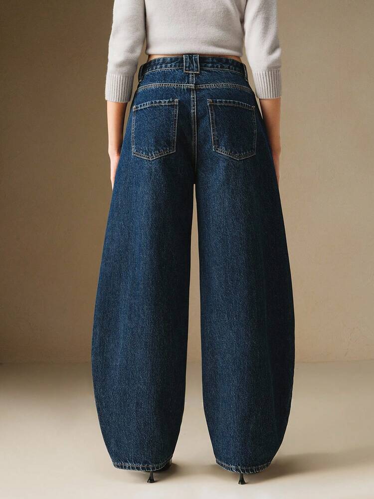 Women's Blue Pocket Casual Fashion Wide Leg Jeans