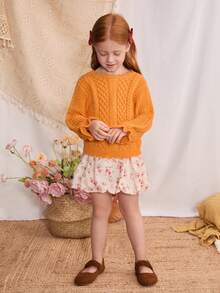 Blossori Young Girls' French Elegant Twist Floral Puff Sleeve Pullover Sweater Girls Orange Sweater Kids Knit Sweater Cable Knit Sweater Girls Girls Fall Sweater Toddler Girl Sweater Winter - Orange - View 5