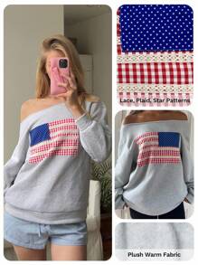 CovetEZ 休闲女式露肩单肩落肩美国独立日美国国旗蕾丝拼接格子运动衫，面料为天鹅绒和拉绒，秋冬季穿着舒适 - 灰色 - 查看 4