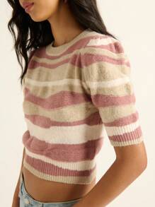 Nöista Women's Retro Mauve Cream Swirl Print Sweater,Cute Puff Sleeves Comfy Cropped Fit,Pink And White Striped,Summer,Casual,Everyday Business Casual Style - Multicolor - View 2