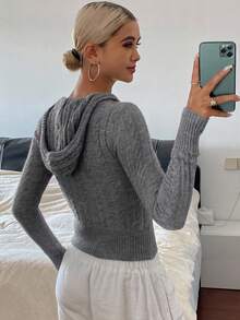 DAZY Áo len chui đầu dệt kim cáp ngắn bó sát có mũ trùm đầu cho nữ, quần áo mùa thu cho nữ, áo crop top cho nữ - Xám - Xem 4