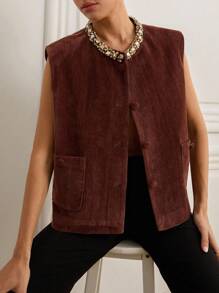 Revavyn Autumn/Winter New Rhinestone Decor Collar Pocket Vest Jacket - Brown - View 5