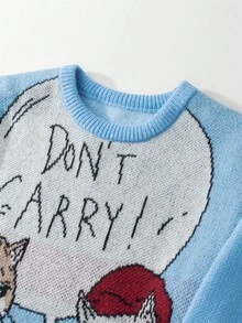 Claim Dot Men's Baby Blue Cute Christmas Cartoon Cat Pattern Crew Neck Loose Fit Casual Sweater - Blue - View 3