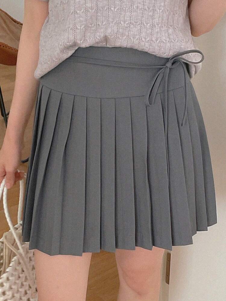 Solid Color Bowknot Pleated Casual A-Line Skirt, Versatile College Style