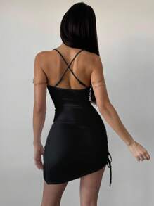 Firerie Red Hibiscus Print Pattern Mini Bodycon Cami Dress, Asymmetrical Hem With Drawstring, Suitable For Holidays, Music Festivals, Beach Vacation, Romance, Summer Miami Girl, Club Outfits Suitable For Going Out Chic Dress - Multicolor - View 8