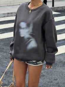 Muchica 超大休闲简约字母图案长袖圆领卫衣女装，适合秋冬季，长袖上衣，男女通用