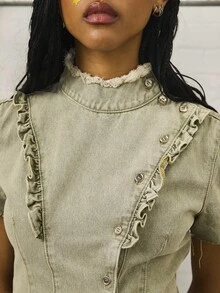 COUREZ Short Sleeve High Neck Denim Top With Frills Detail /Y2K  Women Clothes  Clothes Cute Tops Going Out Outfits - Green - View 5