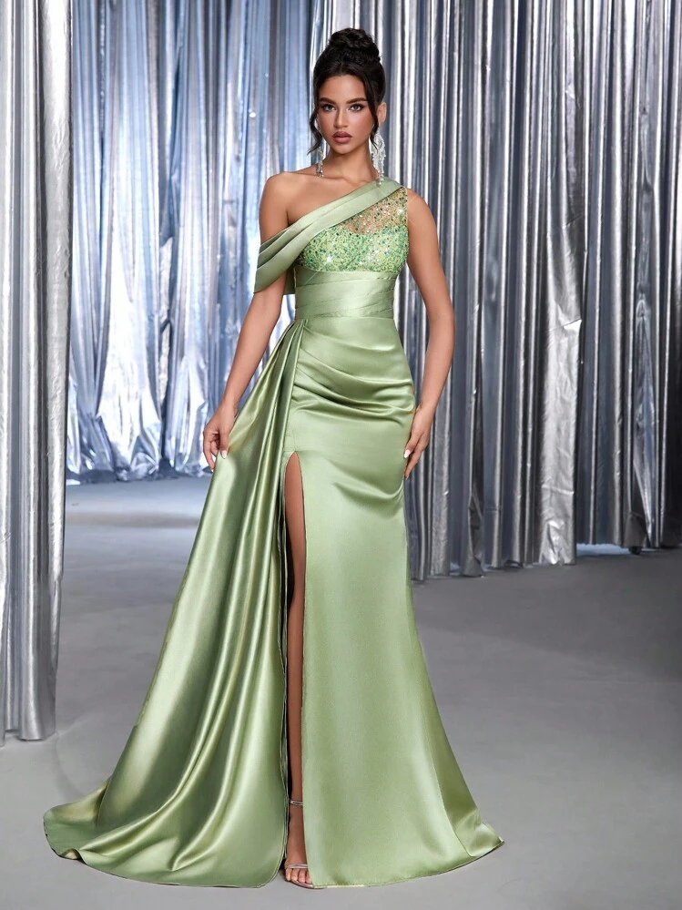 Glamrae Elegant & Luxurious Olive Green Sleeveless Backless Beaded Embroidered Satin Ruched Maxi Dress, Suitable For Weddings, Singles' Parties, Vacations, Balls, Formal Events (High-End Edition) - Green - View 5