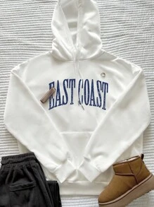 SHEIN EZwear Women's Casual Letter Print Drawstring Hooded Sweatshirt,Graduation,Teacher,Back To School Pullover Fall - White - View 1