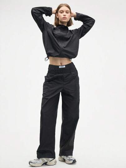 Eassivo Eassivo 女式两件套黑色长袖拉链夹克和裤子运动套装，女式黑色裤子套装，女式尼龙裤子套装