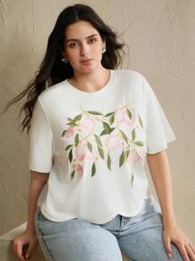 Anewsta Women's Plus Size Embroidered Knit Top T-Shirt, Spring/Summer New Arrival - White - View 3