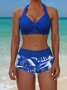 Swim Lushoire Women's Solid Color Top And Printed Short Bikini Set For Summer Beach Vacation - Blue - View 1