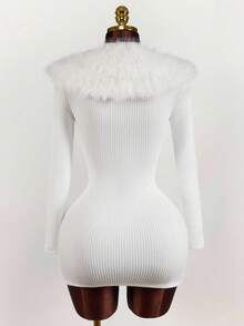 Amplova 女式纯色人造毛皮拼布高领长袖修身迷你连衣裙 - 白色 - 查看 2