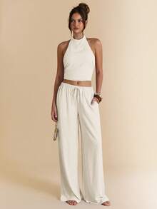 SHEIN BAE 2 件套女士纯色浅蓝色棉麻吊带背心和阔腿裤，棉麻套装，度假装 - 杏色 - 查看 3