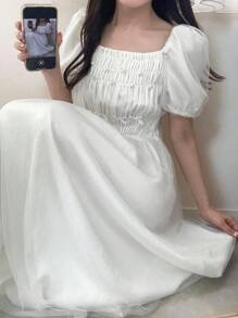 FRIFUL Women's Palace Style Princess Solid Color White Puff Sleeve Pearl Decor A-Line Mesh Vacation Dress - Beige - View 1