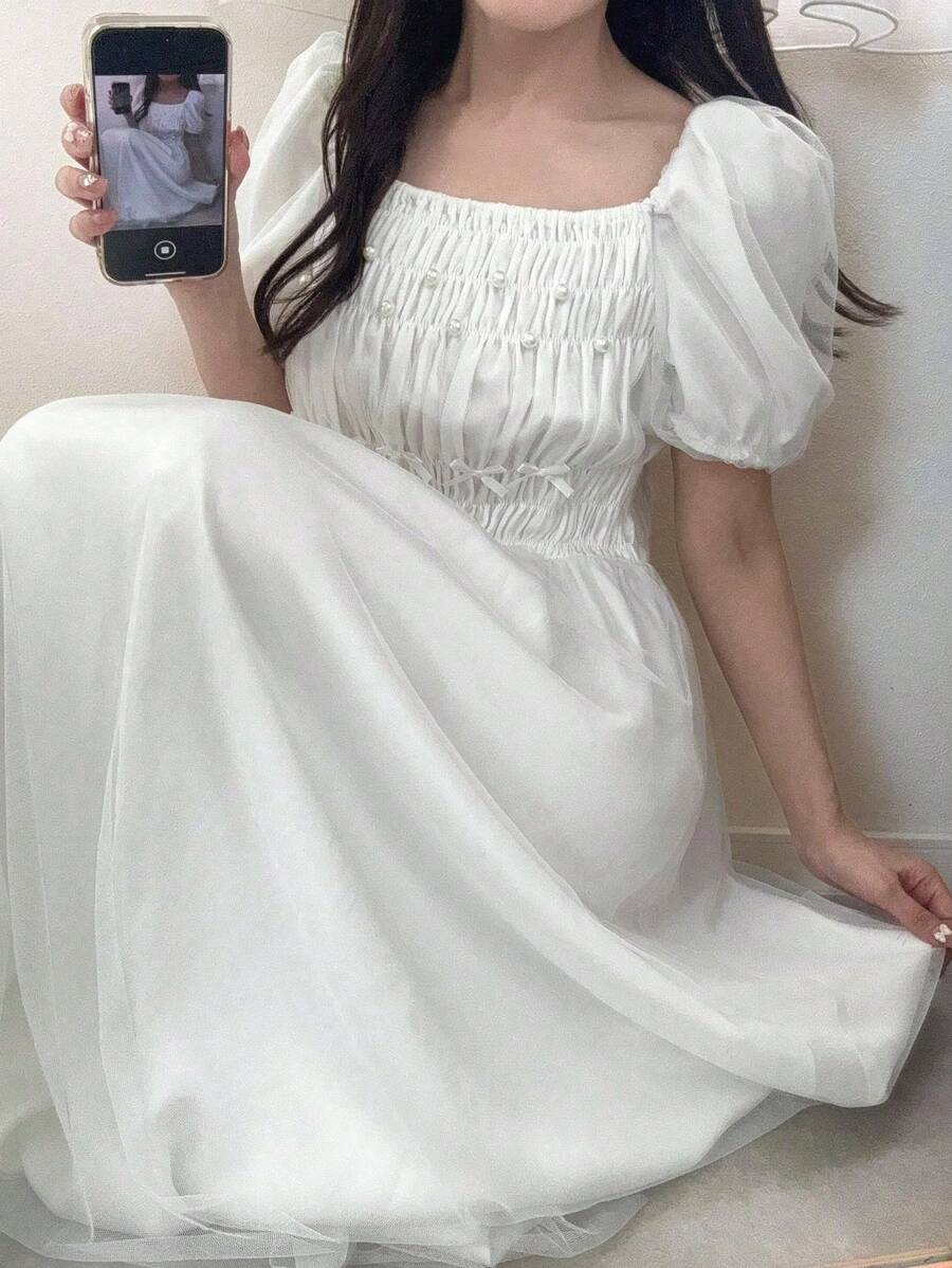 FRIFUL Women's Palace Style Princess Solid Color White Puff Sleeve Pearl Decor A-Line Mesh Vacation Dress - Beige - View 1