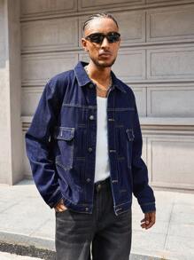 Manfinity EMRG Retro American Loose Fit Casual Jacket, Digital Print Lapel Denim Outerwear - Blue - View 4