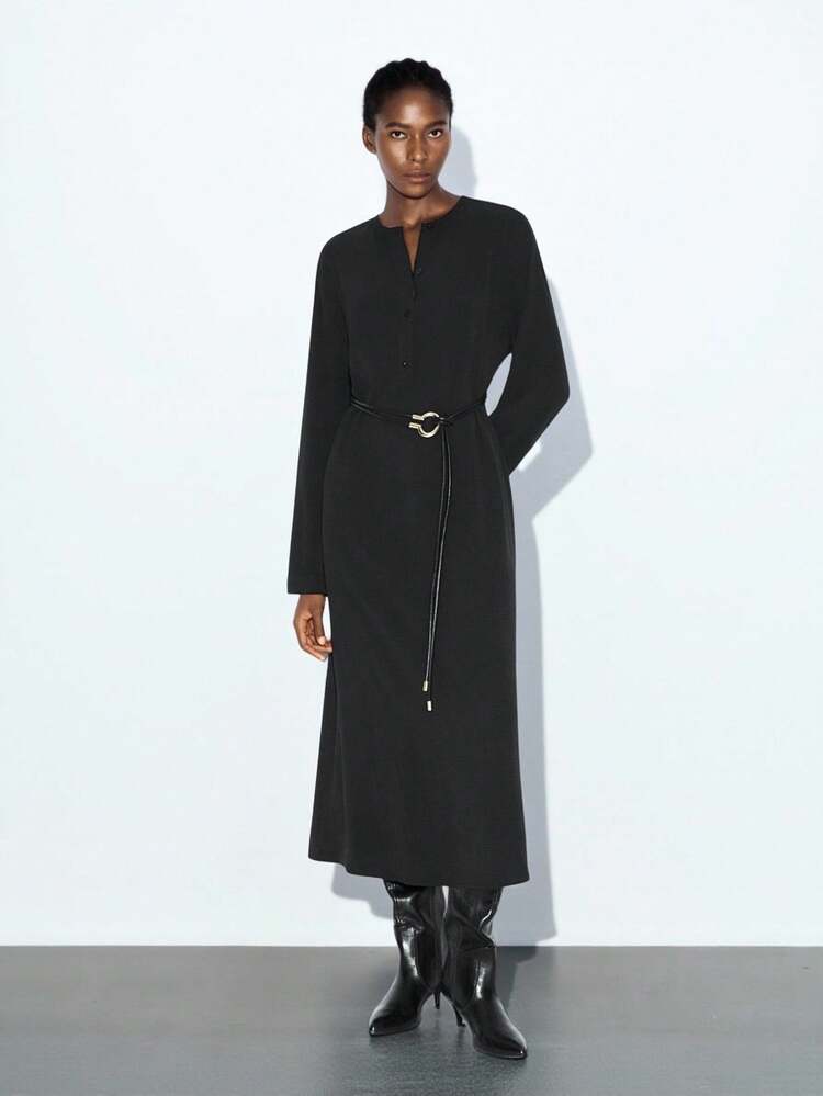 SHEIN Maija Women's Solid Color V-Neck Long Sleeve Casual Long Dress Black Dress Women,Modest Dresses For Women,Fall Women Clothes