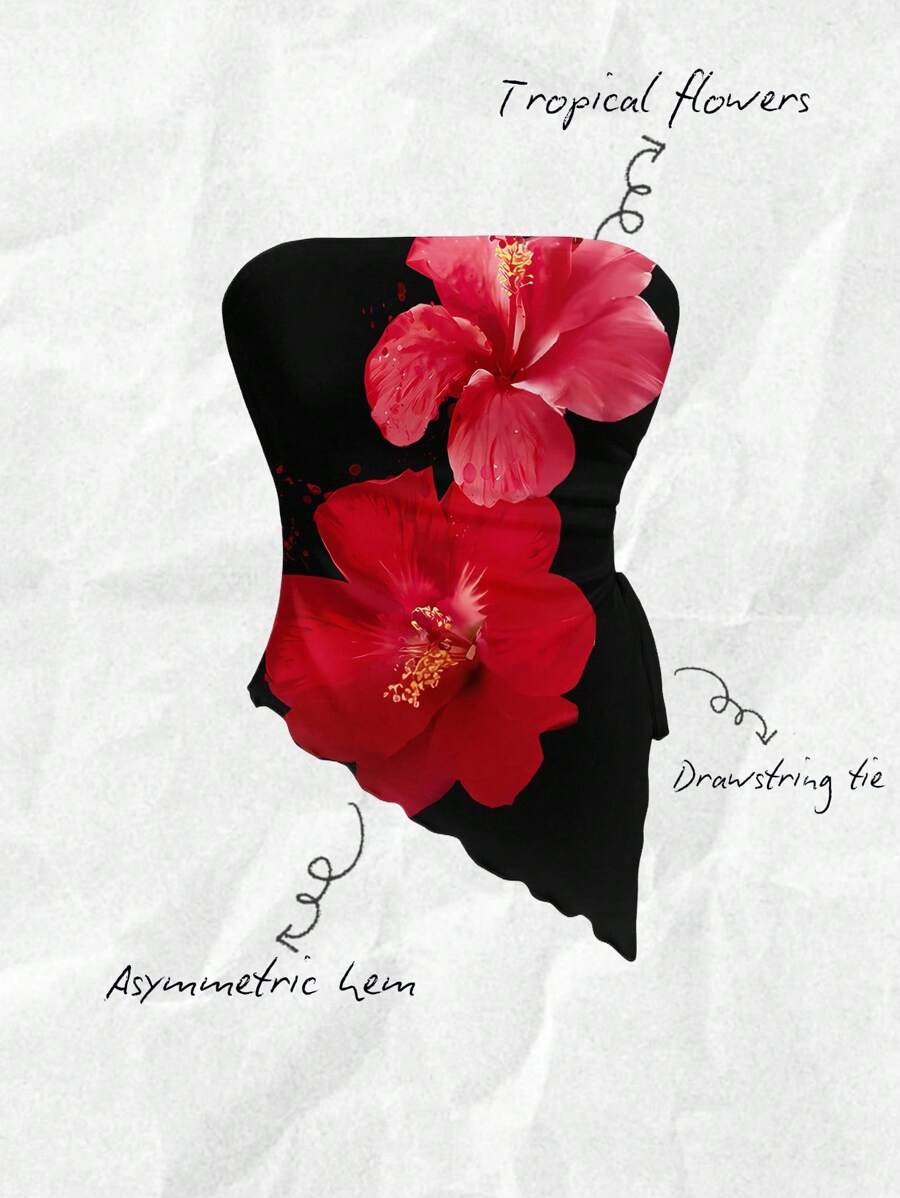 SHEIN MOD 女士休闲花卉不对称下摆修身抹胸，适合夏季、度假、优雅、芙蓉印花、夏威夷印花、暑假、椰子女孩、女孩之旅、音乐节，适合外出 - 彩色 - 查看 1