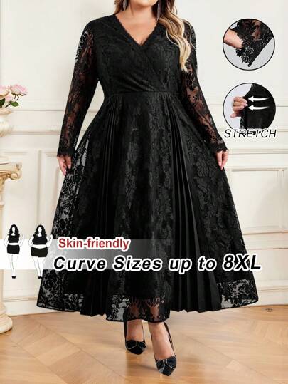 SHEIN CURVE+ Curve 大码/秋装/秋季女装/女冬装/冬装大码女式优雅纯色长袖蕾丝连衣裙，厚重蕾丝连衣裙
