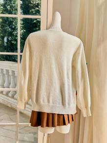 SHEIN MOD 休闲时尚百搭 3D 樱桃装饰长袖女士开衫 返校服装 白色开衫 休闲日常穿着、上衣、女士早午餐、文艺复兴博览会、女士音乐会、度假风格音乐节 秋冬女士服装 - 杏色 - 查看 2