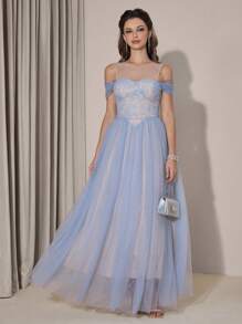 Poshira 优雅高端撞色蕾丝露肩晚礼服，奢华迷人主持人礼服 - 淺藍色 - 查看 4