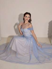 Poshira 优雅高端撞色蕾丝露肩晚礼服，奢华迷人主持人礼服 - 淺藍色 - 查看 5