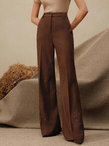 Anewsta High Waist Flare Leg Pants With Star Rhinestone Decor, Fashionable Urban Style - Brown - View 1