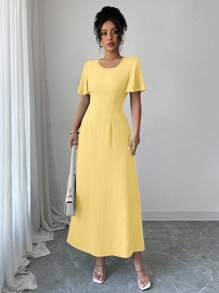 Elenzga 女士优雅A字型无袖连衣裙，夏季 - 黃色 - 查看 4