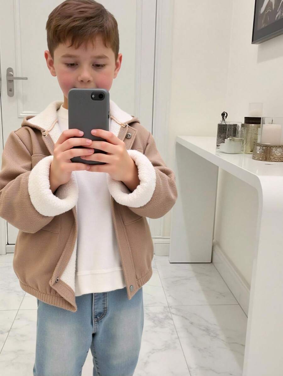 SHEIN 1件少年休閒實用的灯芯绒夹克,舒适、时尚、简约、万能,柔软、加厚、采用灯芯绒纹理面料,适合日常穿着、上學、旅行、运动、秋冬季节 - 卡其色 - 查看 1