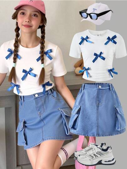 Elladie kids 2件套女孩甜美可爱蝴蝶装饰T恤和粉色牛仔裙休闲装