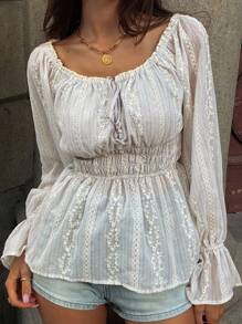 DAZY 女士休闲露肩刺绣收腰长袖衬衫，露肩上衣，秋季女装 - 淺灰色 - 查看 5