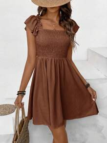 SHEIN Frenchy Vestido casual de mujer de unicolor, con cuello cuadrado, mangas cortas y corte evasé, ideal para vacaciones