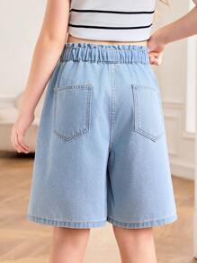 SHEIN Tween Girls Spring Summer Basic Casual Light Washed High Waisted Loose Fit Ruffle Waist Drawstring Denim Long Shorts With Bowknot And Rolled Hem Pockets,Girls Summer Beach Boho Vacation Comfortable Shorts Outfits,Summer Rave Concert Festival College Style Outfits - Light Wash - View 2