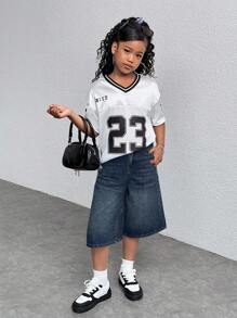 SHEIN 青少年女孩 Y2K 时尚休闲百搭街头服饰浅蓝色复古洗水牛仔宽松高腰百慕大短裤牛仔宽松长短阔腿牛仔裤，夏季海滩波西米亚风度假音乐会节日休闲狂欢，早午餐教堂毕业，街头服饰返校 - 藍色 - 查看 5