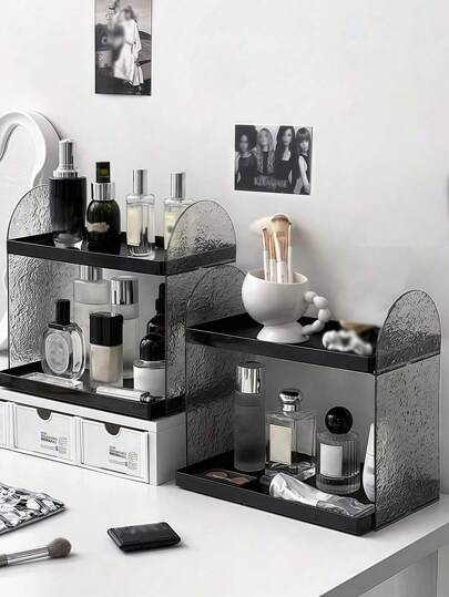 1pc Acrylic Makeup Organizer, Dual-Layer Increased Heighten Cosmetic Display Holder, Vanity Tray For Skincare, Perfume, Lipstick, Desk Storage Box, Dorm Organization,For Holiday Beach, Bathroom Collection, Bedroom Collection, Large Capacity