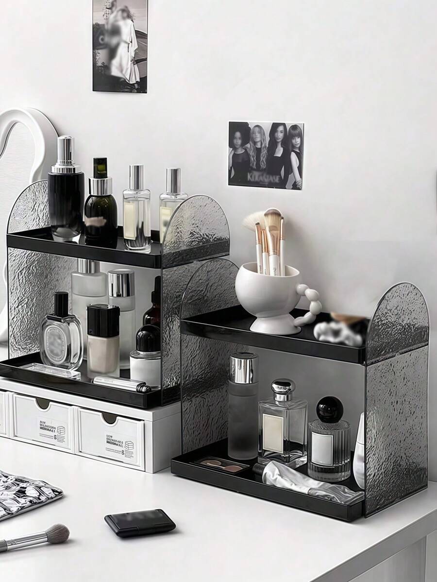 1 buah Organizer Makeup Akrilik, Tempat Display Kosmetik Dua Lapis dengan Ketinggian Lebih, Baki Rias untuk Perawatan Kulit, Parfum, Lipstik, Kotak Penyimpanan Meja, Pengorganisasian Kamar Asrama, Untuk Liburan Pantai, Koleksi Kamar Mandi, Koleksi Kamar Tidur, Kapasitas Besar - Hitam - View 1