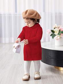 SHEIN Babygirl 可爱扭纹白色高领休闲连衣裙，秋冬 - 紅色 - 查看 4