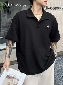 Manfinity Dauomo 男士刺绣黑色纽扣休闲宽松短袖 Polo 衫 - 黑色 - 查看 7