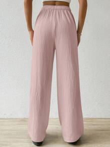 SHEIN EZwear 夏季纯色纹理褶皱面料宽松抽绳腰系带纯棉休闲度假阔腿裤，加大码 - 淺粉色 - 查看 2