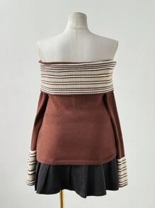 Sunspun Damen Große Größen Lässig Urlaubs Western Street Chic Farbblock gestreifter Umschlag-Schulter Figurbetonter Pullover, Herbst Strick Pullover Herbst Winter Vintage - Braun - Übersicht 4