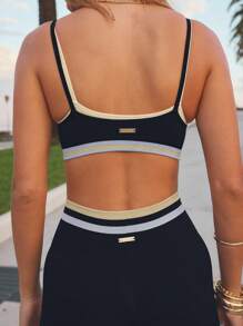 Aralina 女式条纹吊带背心和紧身裤运动套装，女式运动套装 - 黑色 - 查看 2