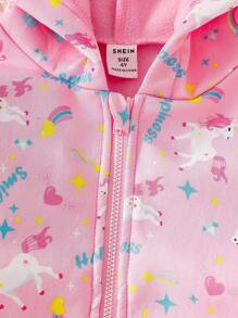 Elladie kids 1pc Young Girl Hooded Zip Up Cute Unicorn Print Lined Fleece Jacket Girls School Wear Pink Jacket Fall Winter - Pink - View 7